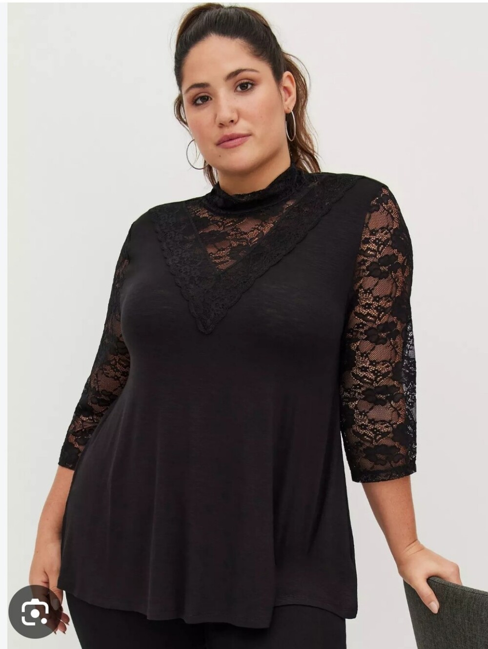 Torrid Super Soft Knits Size 3 Black Lace Trim Mock Neck Top - 3/4 Sleeve